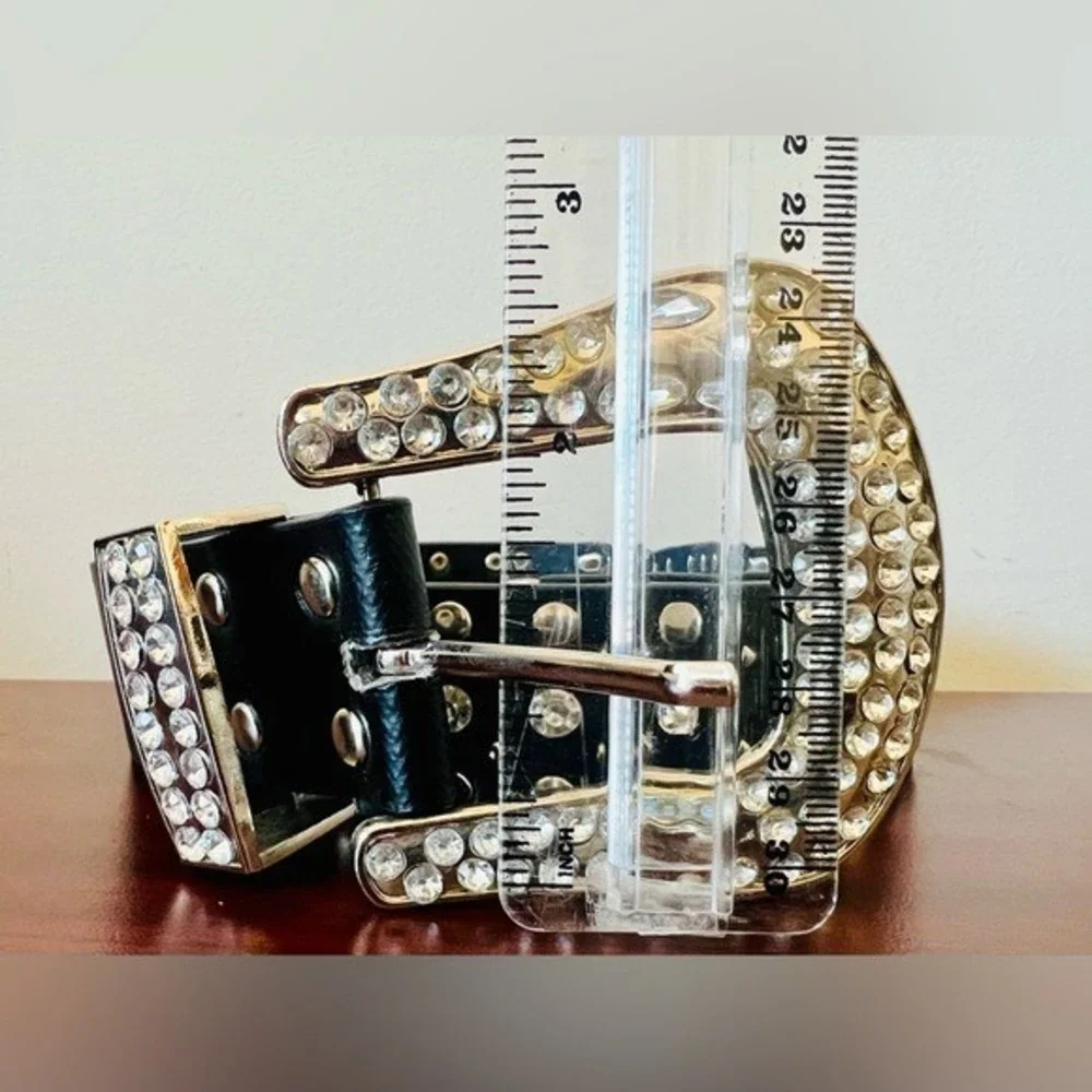 Western Rhinestone Studded Belt Black Faux Leather Silver Crystal Buckle 37.5